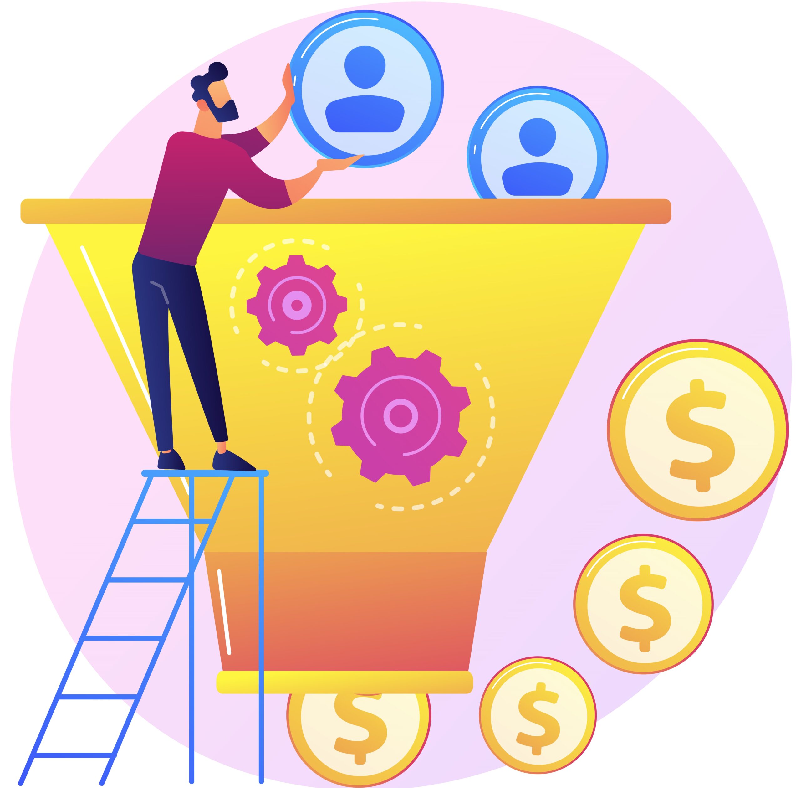 Manager working with target audience cartoon character. Marketing process, client conversion, website visitors. Lead generation, customer attraction. Vector isolated concept metaphor illustration