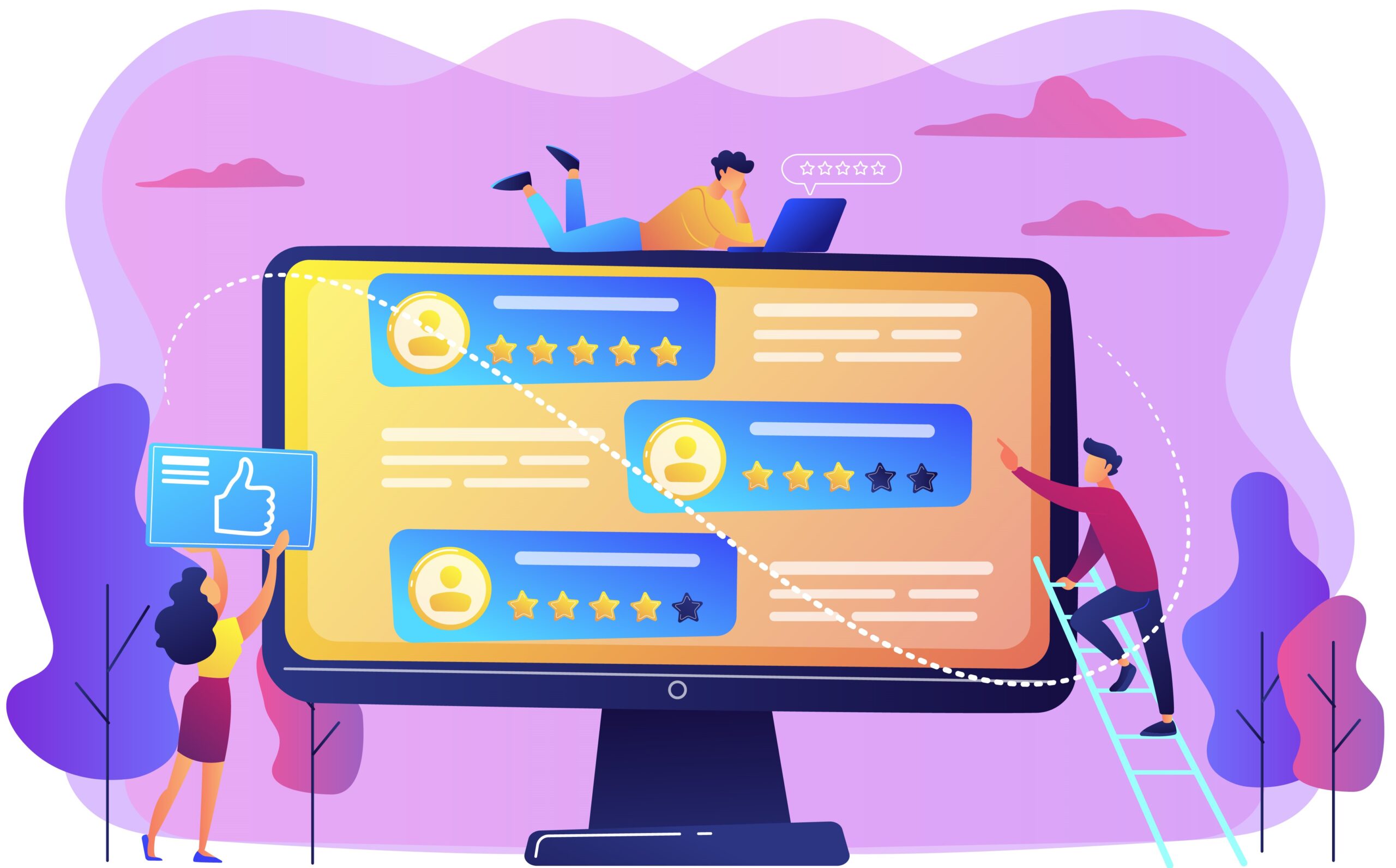 Tiny business people using rating site to vote on people on computer screen. Rating site, professional rank site, content rating page concept. Bright vibrant violet vector isolated illustration